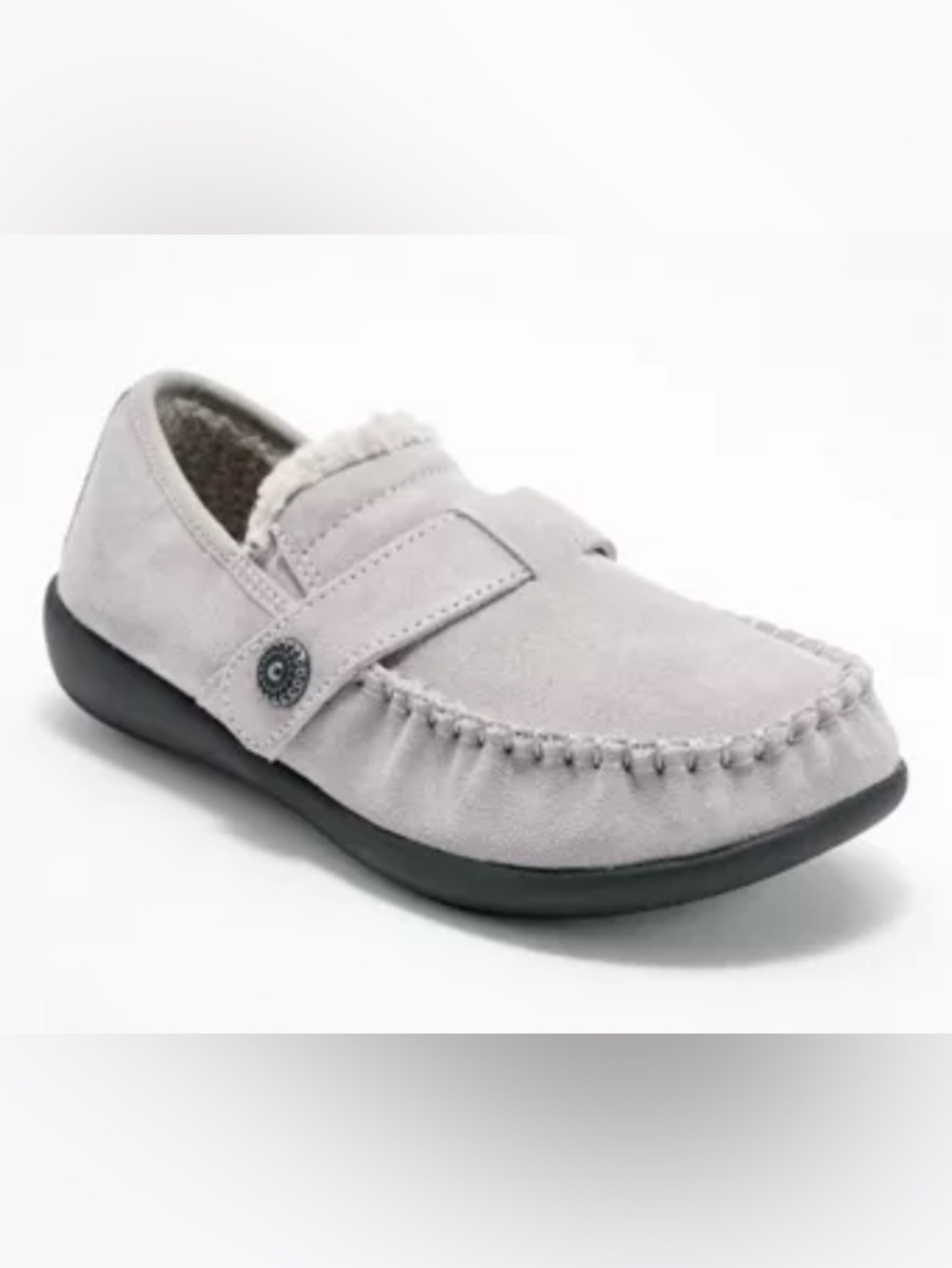 NWT -REVITALIGN - ORTHOPEDIC Light Gray Suede Moccasin Slipper with Fuzzy Lining